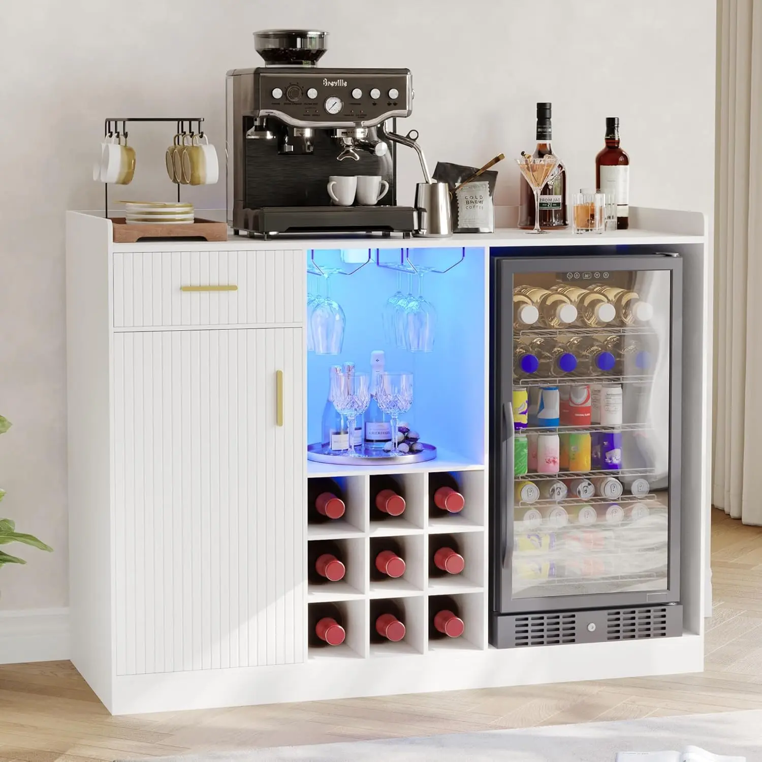 Coffee Bar Cabinet with Fridge Space, Fluted Wine Cabinet with Glass Holder | Black, Power Outlet, LED Light, Buffet Sideboard with Storage for Home Bar, Kitchen, Living Room