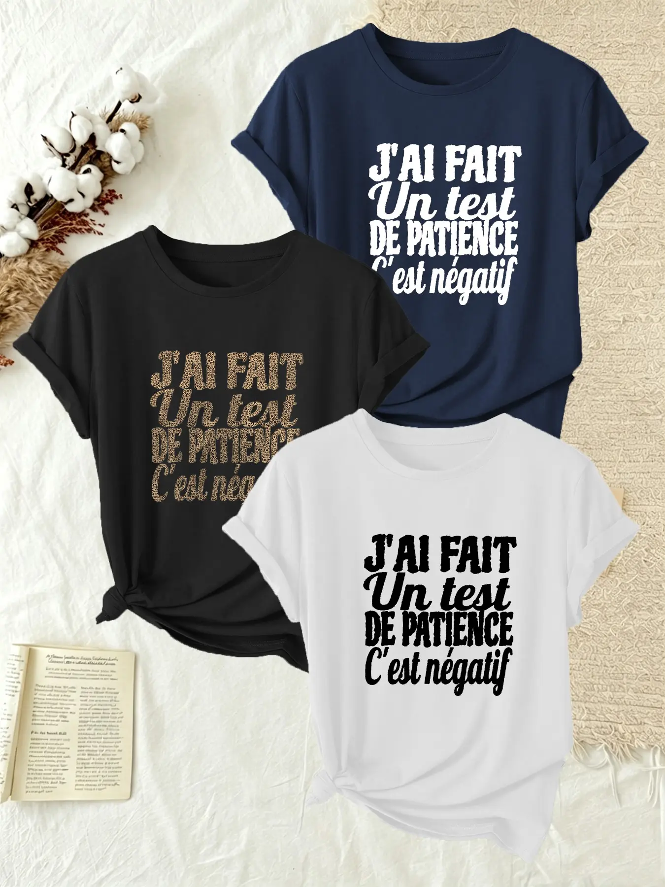 3-Pack Vintage Humorous 'patience' Print Short Sleeve T-Shirts, Women's Round Neck Casual Sports Tees, Spring Summer Basic Pullovers