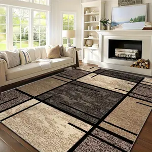 Luxury Velvet Floor Mat - High-quality machine washable, fade-resistant polyester fiber rectangular rug for living room, bedroom, office, and outdoor decoration, lightweight and easy to clean - 850 g/m², beige-brown geometric pattern comfortable rug