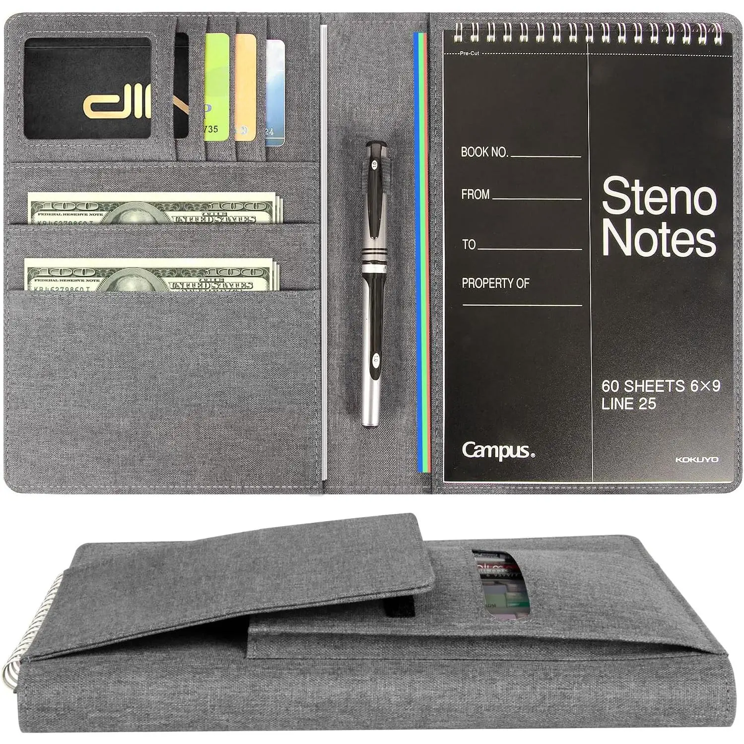 Steno Pad Holder for 6x9 Top Spiral Notepad &  Flip Cover |  Fabric, File Pocket, Fits 6x9 Steno Pad Cover, Steno Notebook Cover, Steno Folio, Portfolio, Padfolio