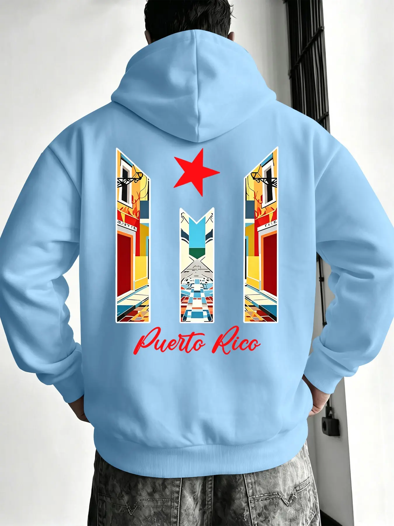 Men's Puerto Rico Star Print Hoodie, Winter Loose-Fit Sweatshirt, Casual Pocket Design, Perfect for Daily Wear, Travel, Home Use, Casual Graphic Streetwear