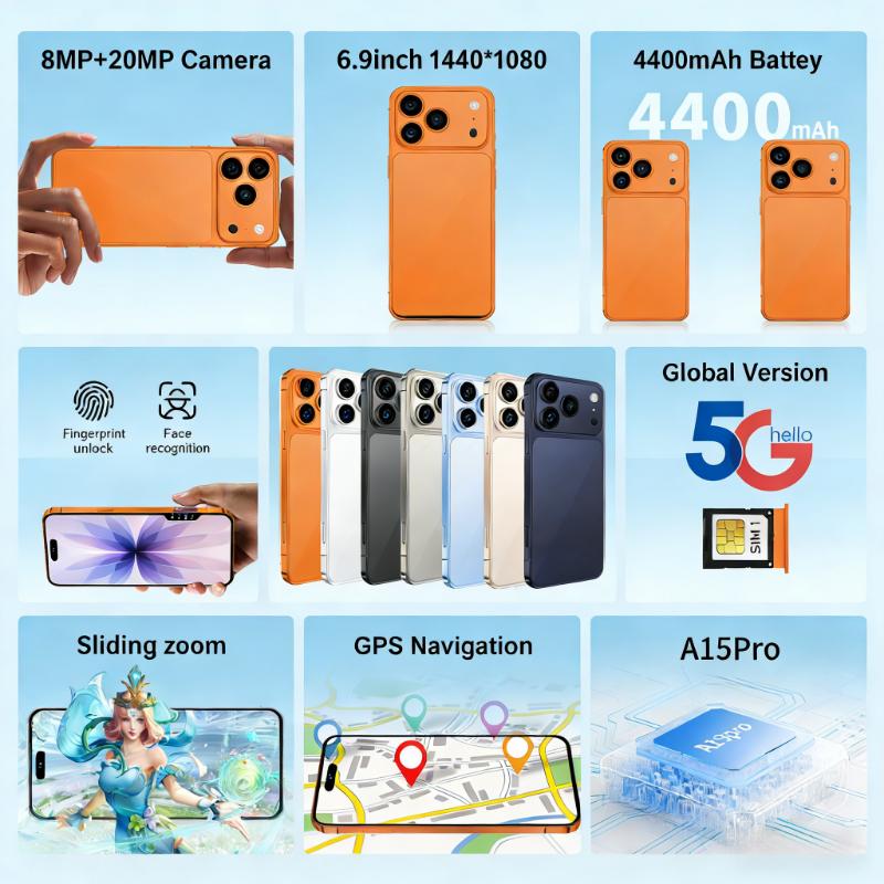 17promax Andirond phones A17 PRO MAX Android Smartphone, 6.9 Inch Dual 8MP+20MP Cameras, Long-Lasting 4400mAh Battery, Fast Charging, OTG Function, Facial Recognition Unlocking, 8GB RAM +128GB ROM, 4G Network, Unlock Cellphone smart phone b