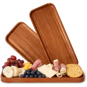 Solid Acacia Wood Serving Trays 14 x 5.5 inches Rectangular Large Wooden Serving Platters for Food Charcuterie Appetizer Wood Cheese Board Set of 3