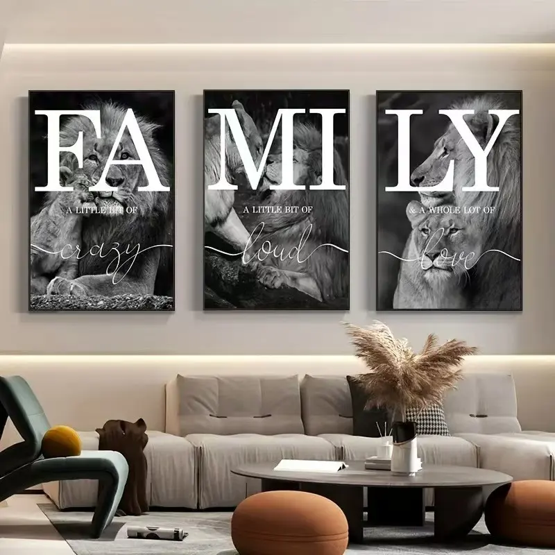 3pcs Black and White Modern High-Definition Lion Animal Art Poster Living Room Background Wall Canvas Frameless Hanging Painting Bedroom Home Decoration Mural Gallery Wall Decor