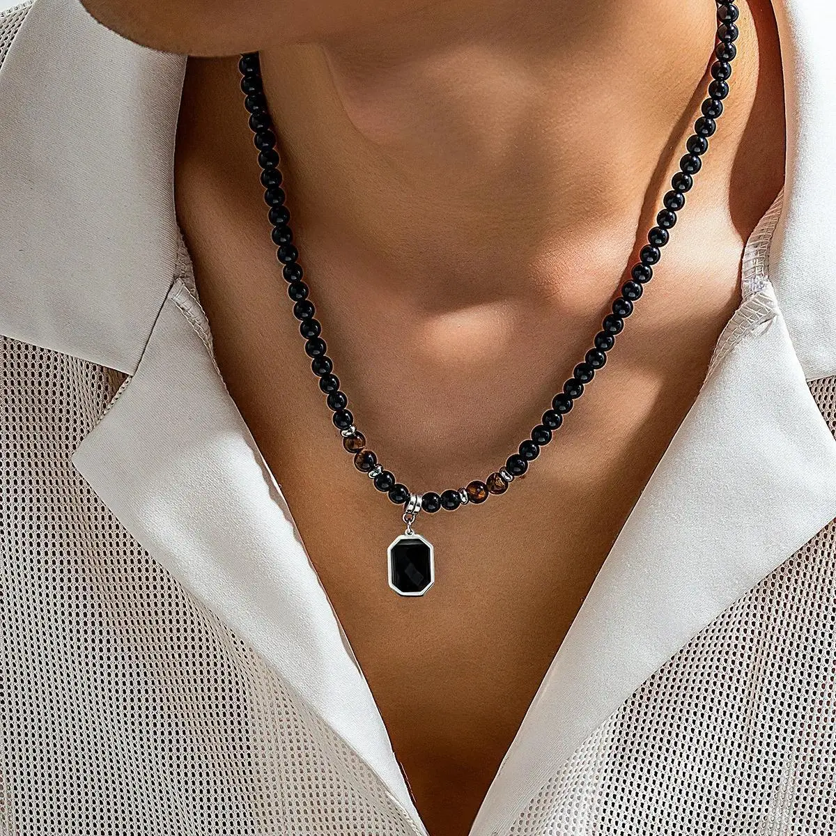 Vintage Tiger Eye Bead Necklace for Men, Long Chain Rosary with Crystal Cross Pendant, Everyday Wear Mood Tracker, Crystal Pendant