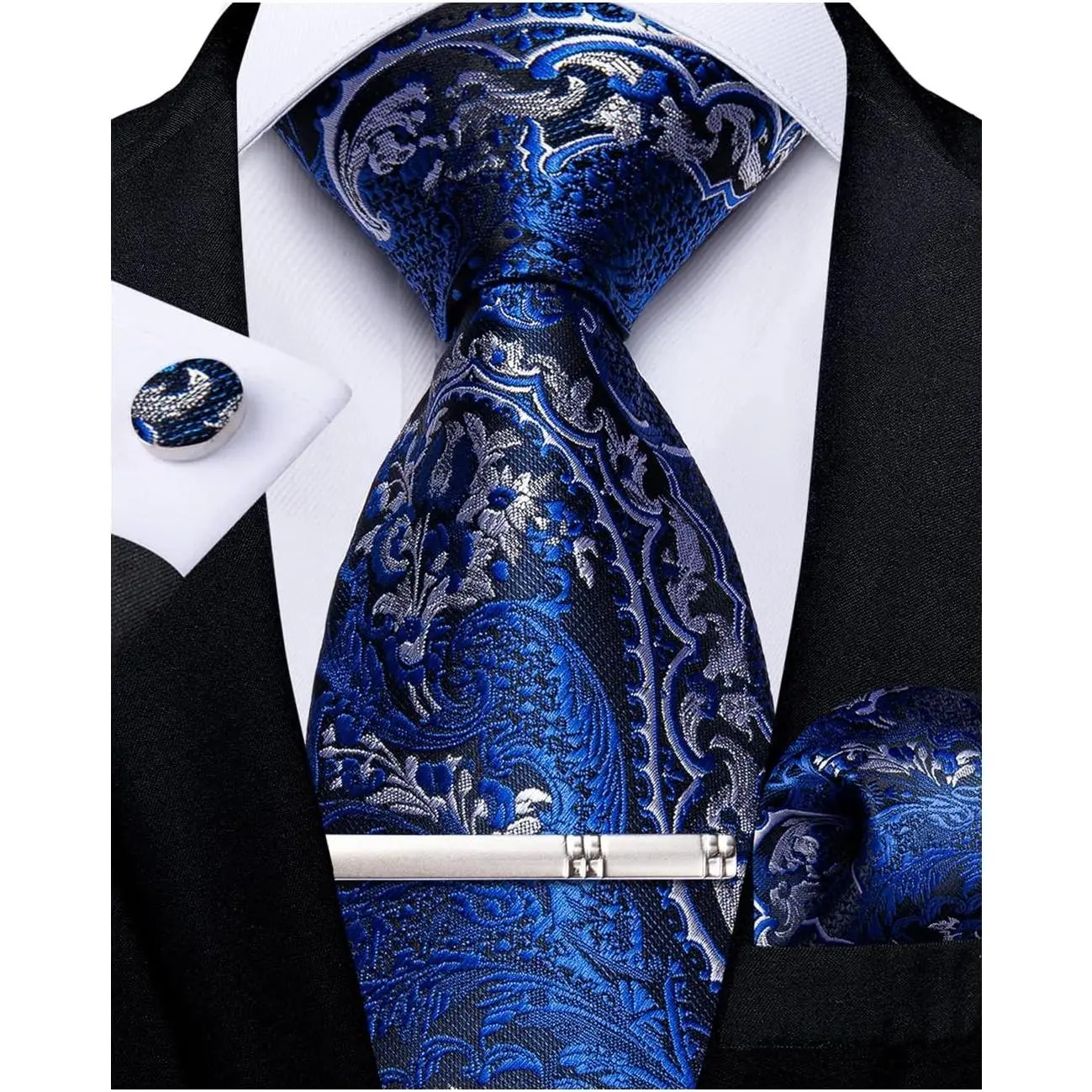 Paisley Silk Woven Classic Tie Set for Men with Pocket Square, Cufflinks, and Tie Clip for Wedding Party(Gift)
