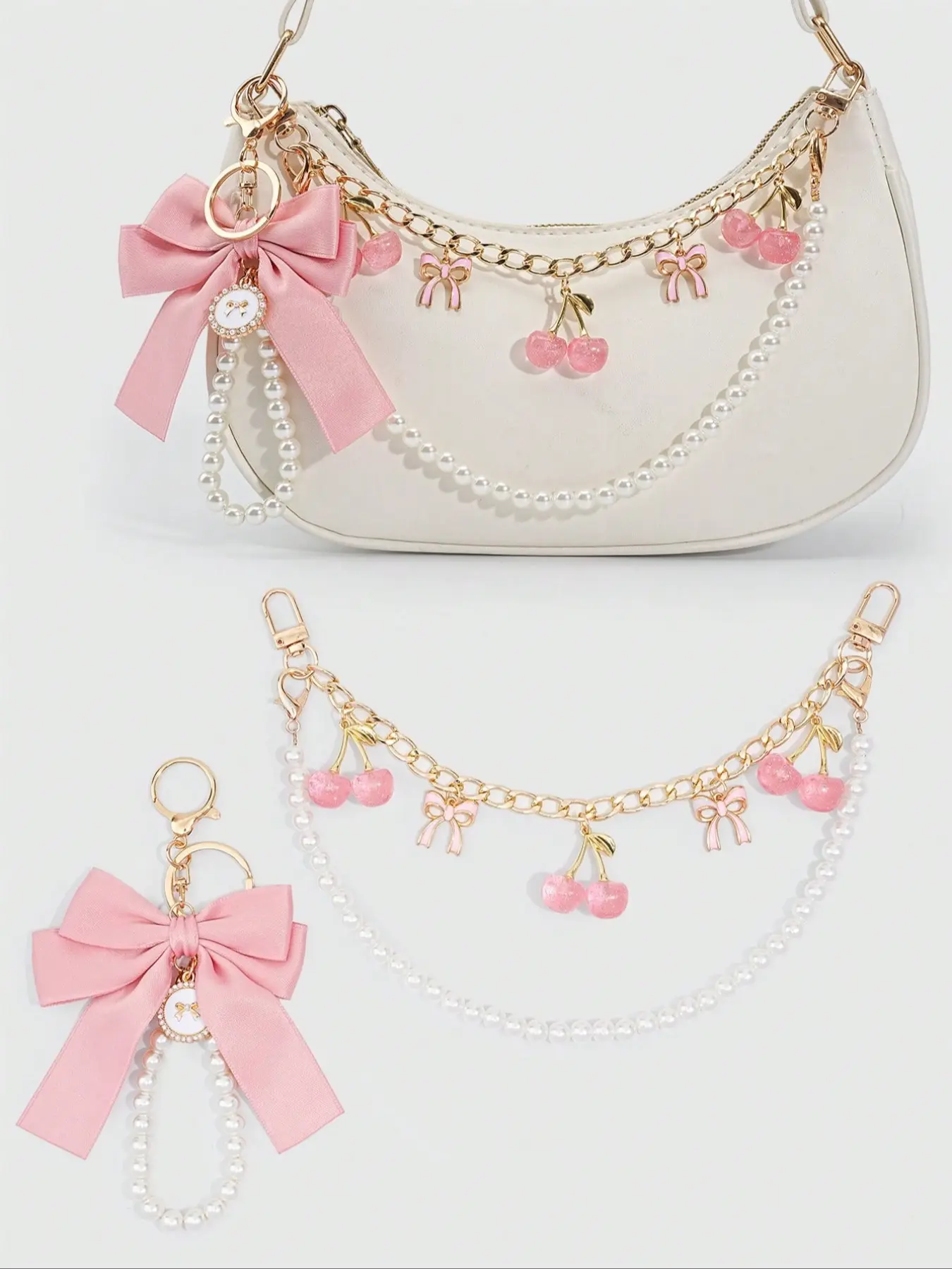 10.6-Inch Elegant Bag Chain Set, Faux Pearl Cherry Bow Keychain Charms, Handmade Fruit Pattern, All-Season Bag Accessories for Purses and Keys