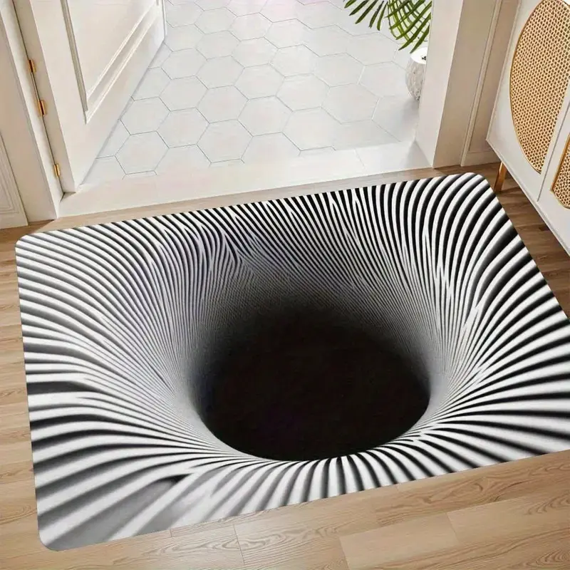 Rectangle Diatomite Doormat - Minimalist 3D Optical Illusion Vortex Hole Design, Black White Striped Print, Instantly Absorbent, Quick-Dry, Non-Slip, Easy to Clean Shoe Mat, Home Supplies for Entryway, Ideal Home Decor Gift, Dorm, Content Studio