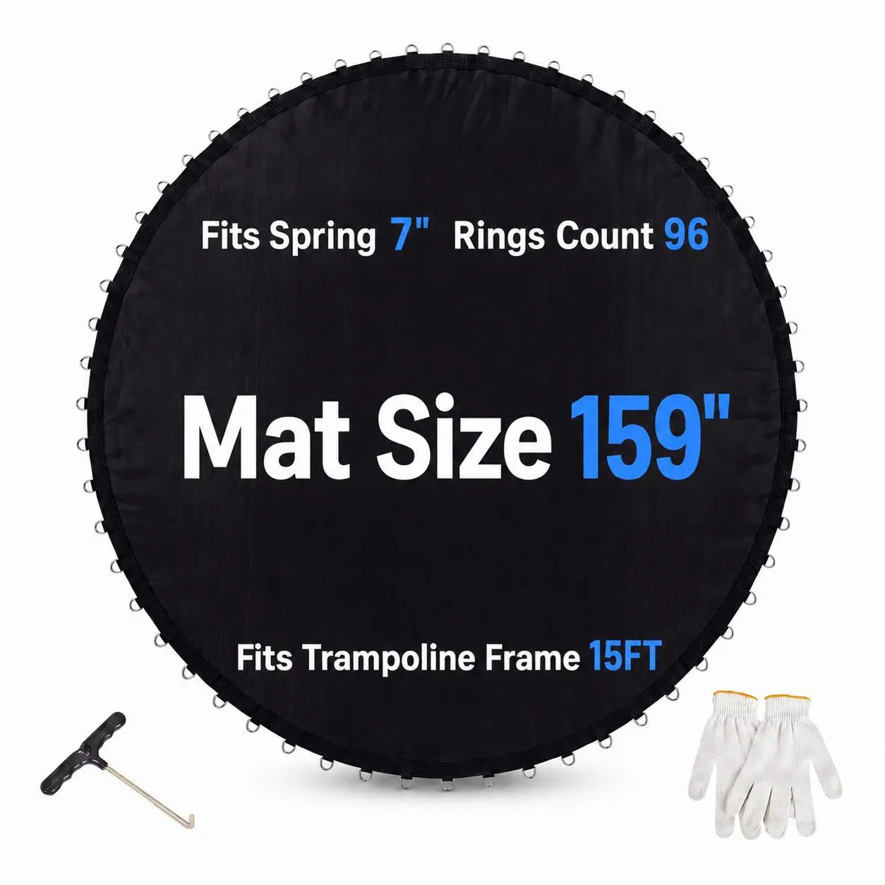 15FT Trampoline Replacement Mat with 96 V-Hooks, Heavy Duty UV Resistant Outdoor Trampoline Mat Fits 7" Springs,  (Spring not Included)