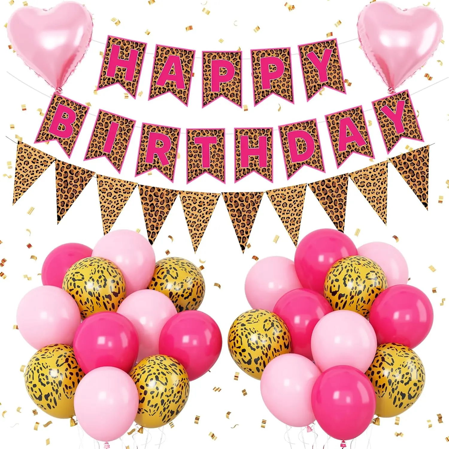 Pink Leopard Birthday Decorations, Gold Cheetah Print Animal Balloons Hot Pink and Heart Balloons, Cheetah Happy Birthday Banner for Safari Wild Birthday Baby Shower Jungle Theme Party Supplies