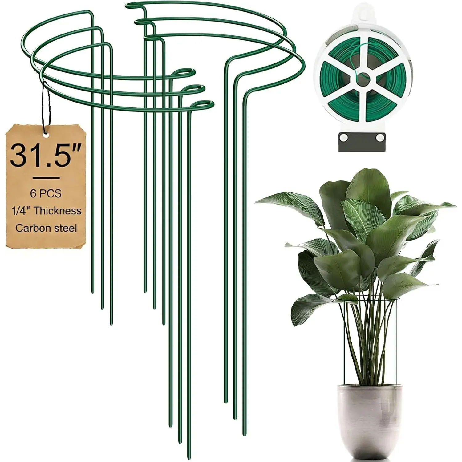 6-Pack 31.5” Plant Support Stakes, Steel Plant Cage & Peony Tomato Hydrangea Cage, Garden Stakes for Outdoor Plants, Heavy-Duty Plant Stakes, 16.7” Support + 14.8” Extension Tubes
