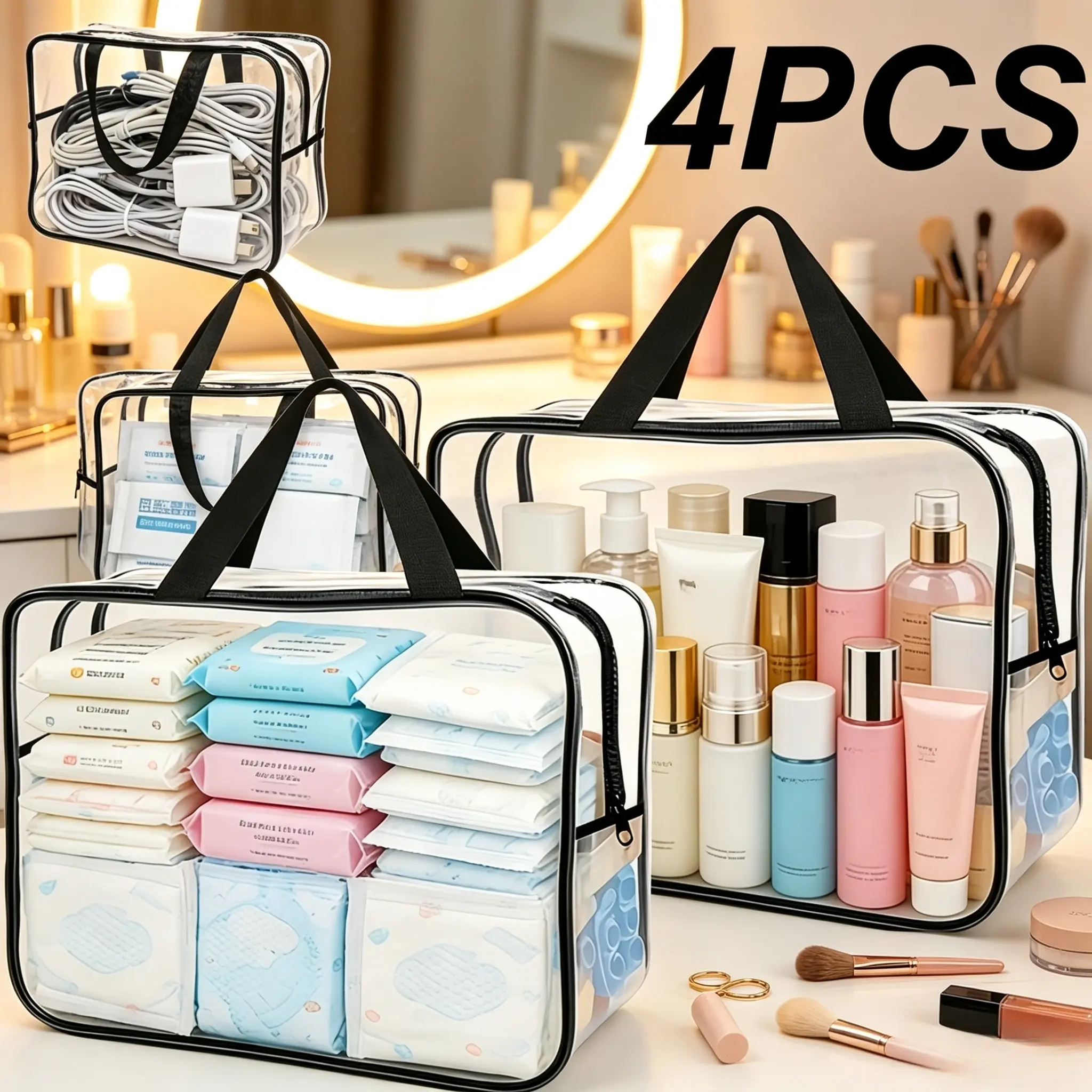 4pcs dual-use thick clear organized storage bags for home & travel, sturdy heavy zippers and large capacity for clothes. See-through design easy to sort, can be placed on shelves as storage baskets, ideal for moving and trip packing.