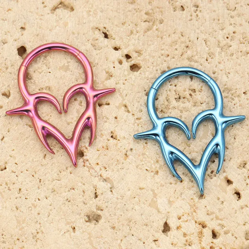 ASTM F136 Titanium Hinged Clicker Septum Ring | Tribal Fangs Heart Totem | Anodized Punk Body Jewelry for Forward Helix & More