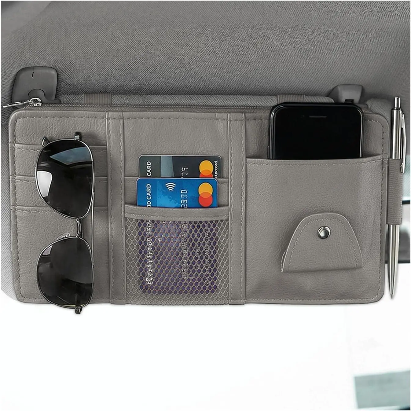 Sun Visor Organizer, Multifunctional Auto Visor Storage Bag with Net Pocket & Eyeglass Clamp,  Multi-Pocket Storage Pouch Ticket Organizer for  Sun Visors (Gray)
