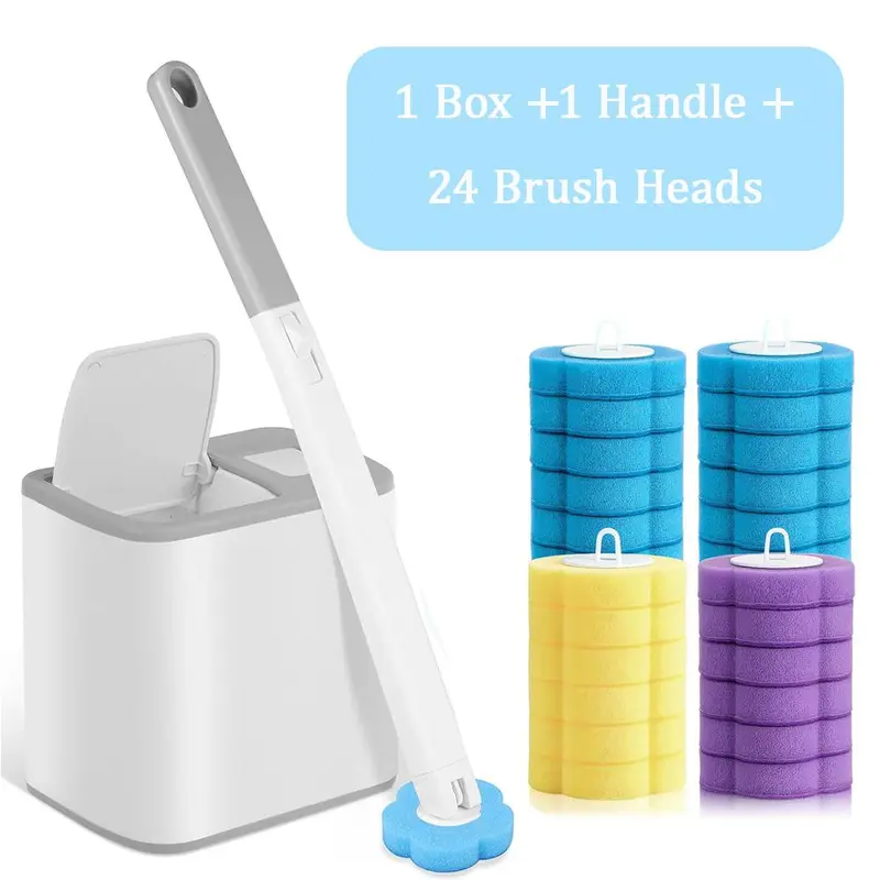Disposable Toilet Brush Wand with Holder & 24 Refills - Bathroom Basin Scrub Tool, Wall-Hung Kit for Toilet Bowl, Sink, Bathtub (Car Interior Cleaning Accessory)