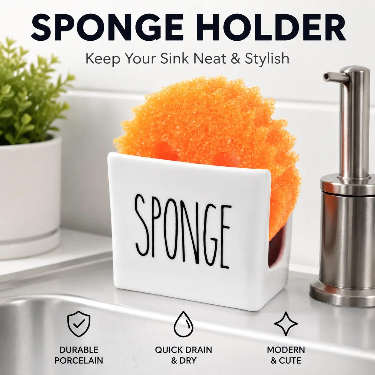 Porcelain Sponge Holder for Kitchen Sink, Compact Ceramic Black and White Dish Sponge Caddy for Kitchen Counter Storage Organization and Cute Kitchen Decor