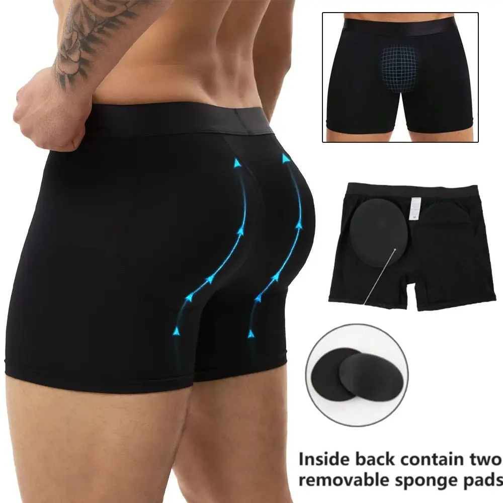 Men's 2-Pack Padded Boxer Briefs Set, High Waist Tummy Control Shapewear with Removable Butt Lifting Pads, Smooth Stretch Fabric with Lace, Removable Pads