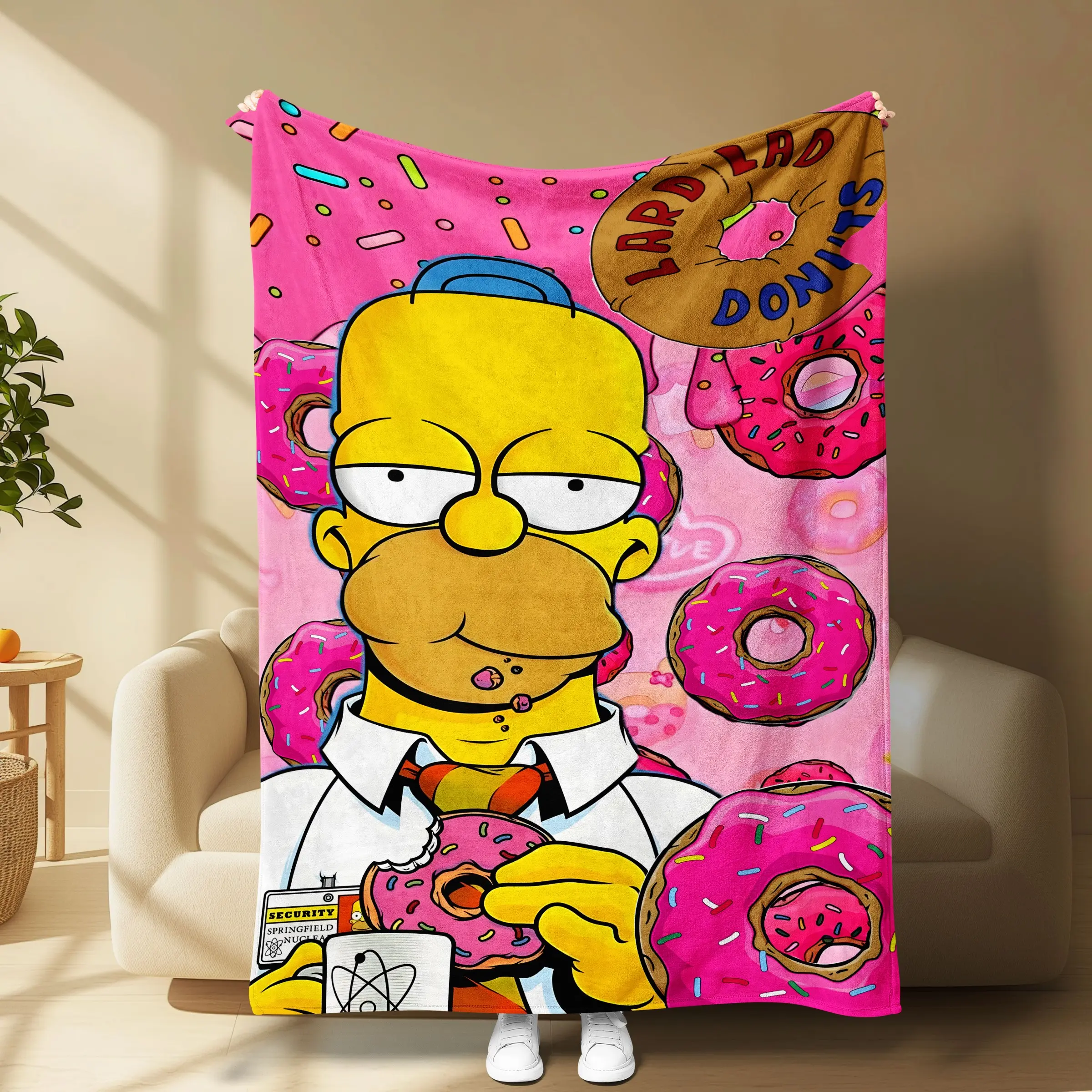 Sprinkle Donut Simpson Fleece Blanket, Homer Simpson Lard Lad Design, Cute Doodle Portable Throw, Ideal Birthday Gift