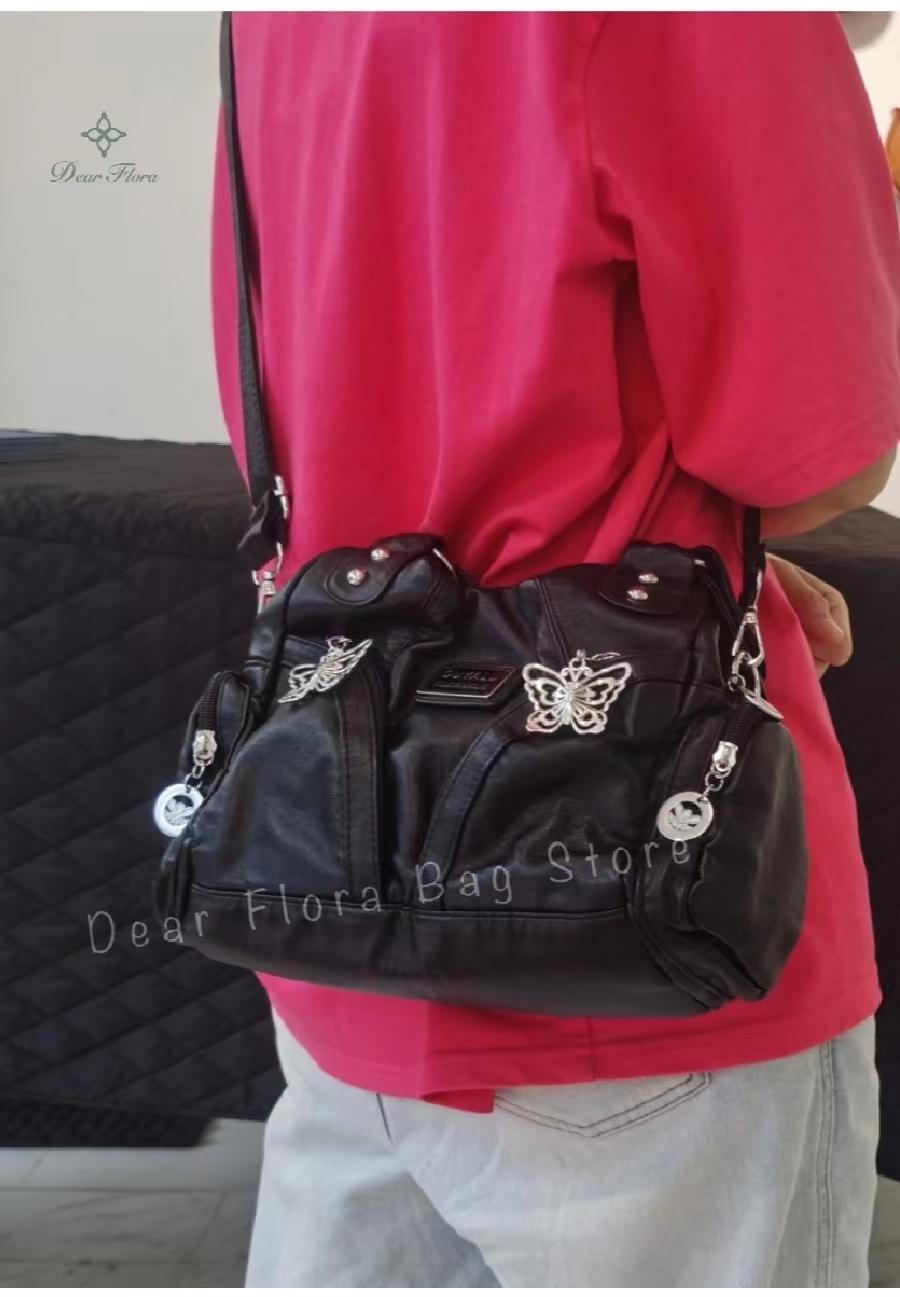 Women's Y2K Vintage Motorcycle Shoulder Bag Fashion Soft PU Chains Multiple Pockets Tote Bags Moto Style Messenger Crossbody Bag