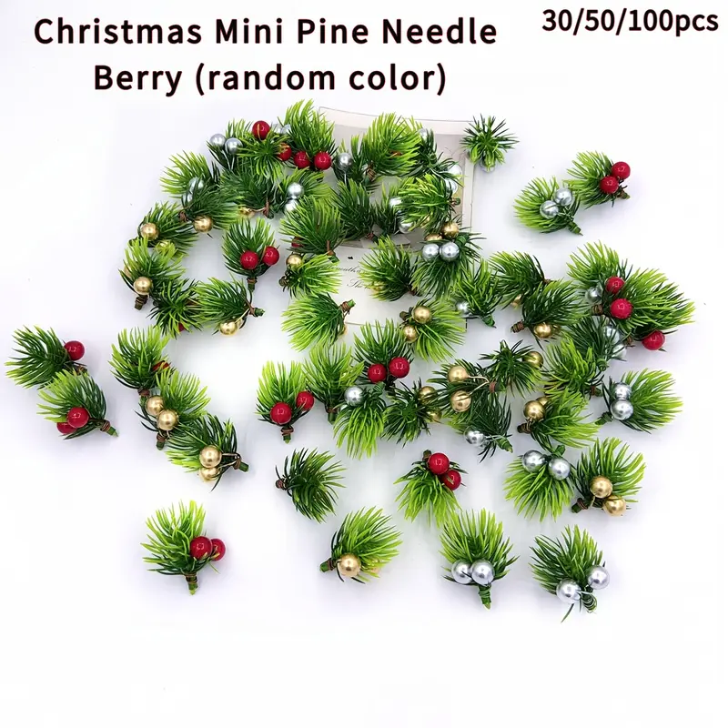 30/50/100pcs simulation pine needles with red, gold and silver berries mini plastic gradient pine needles DIY garland, used for Christmas tree decoration and party layout 1.57 inches (random colors).