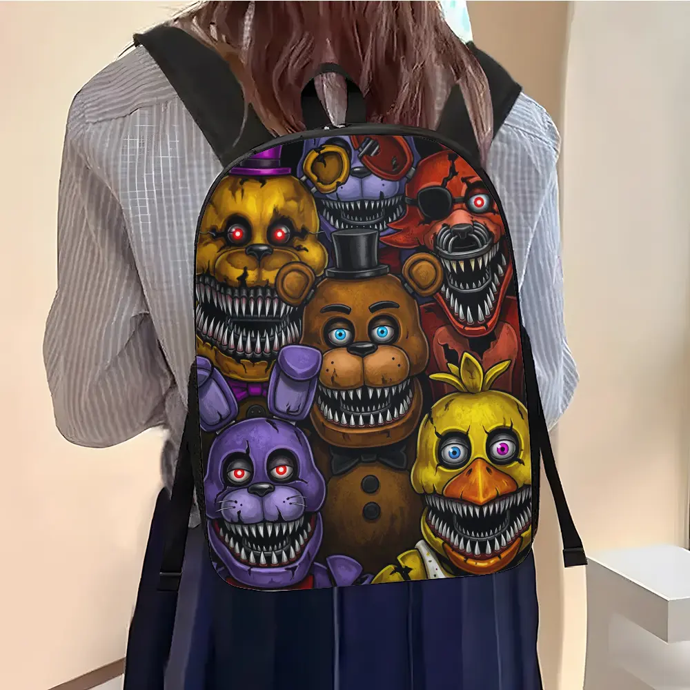 Five Nights at Freddy’s Nightmare Animatronics Collage Backpack, FNAF Golden Freddy Bonnie Chica Foxy Horror Graphic Daypack, 600D Oxford Lightweight School Bag Padded Straps Fits 15-inch Laptop, Side Mesh Pockets Washable Backpack for Teen Horror Game Fa