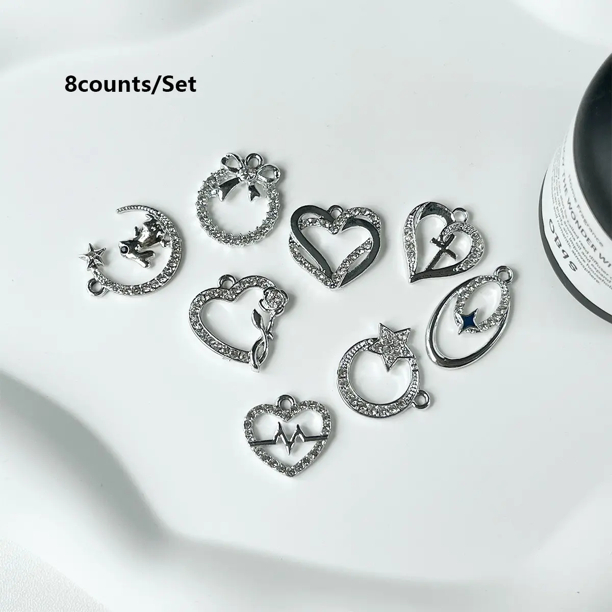 8Pcs Assorted Rhinestone Alloy Charms for Jewelry Making, Silver‑Tone Heart Moon Star Bow Pendants, DIY Craft Supplies for Bag Ornament ,Bracelets, Earrings, Necklaces, Keychains & Phone Charm