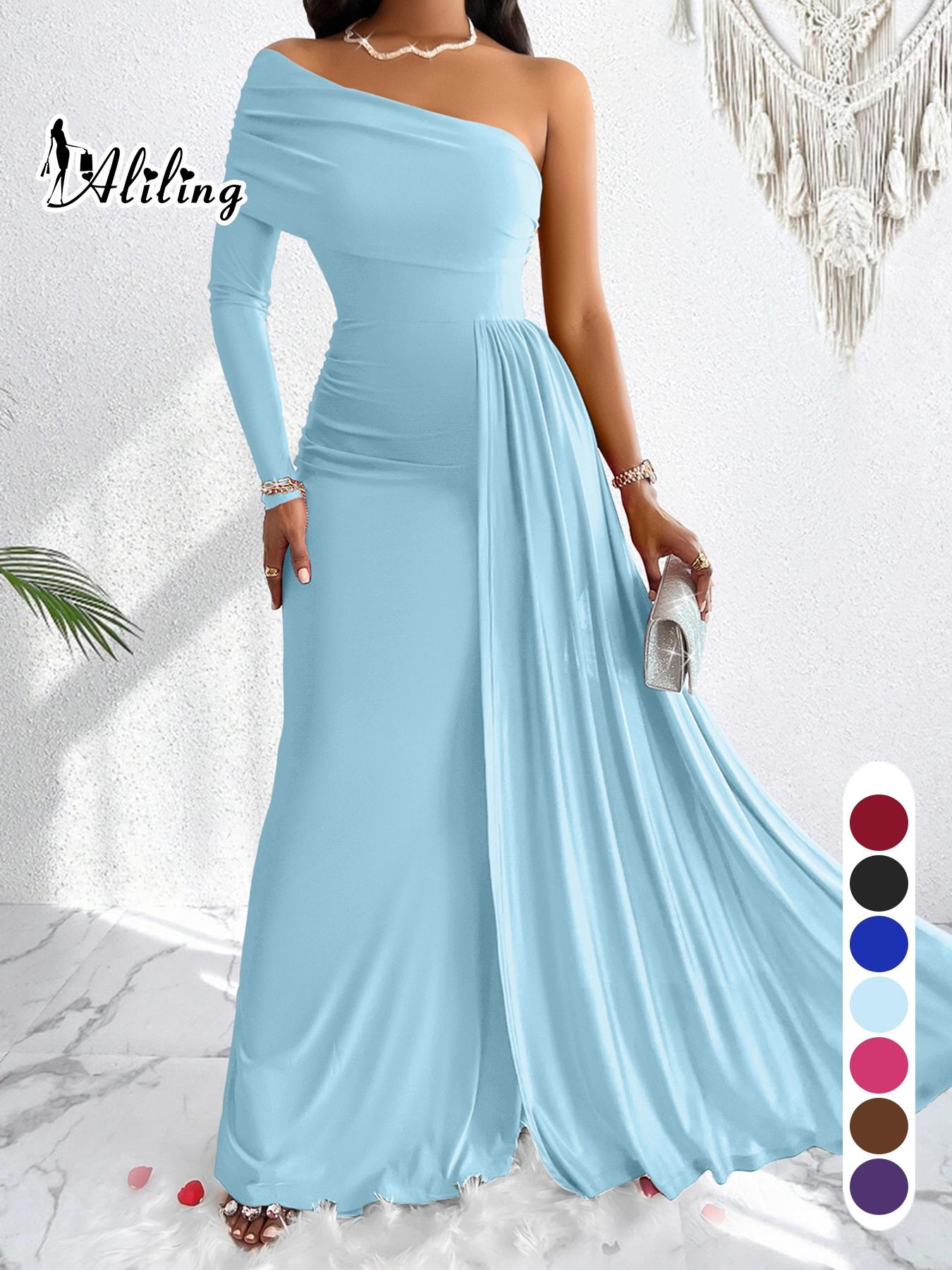 Aliling Women's Elegant Christmas Evening Dress, Asymmetrical One-Shoulder Maxi Gown, High-Waisted Ruched Long Dress, Formal Wear