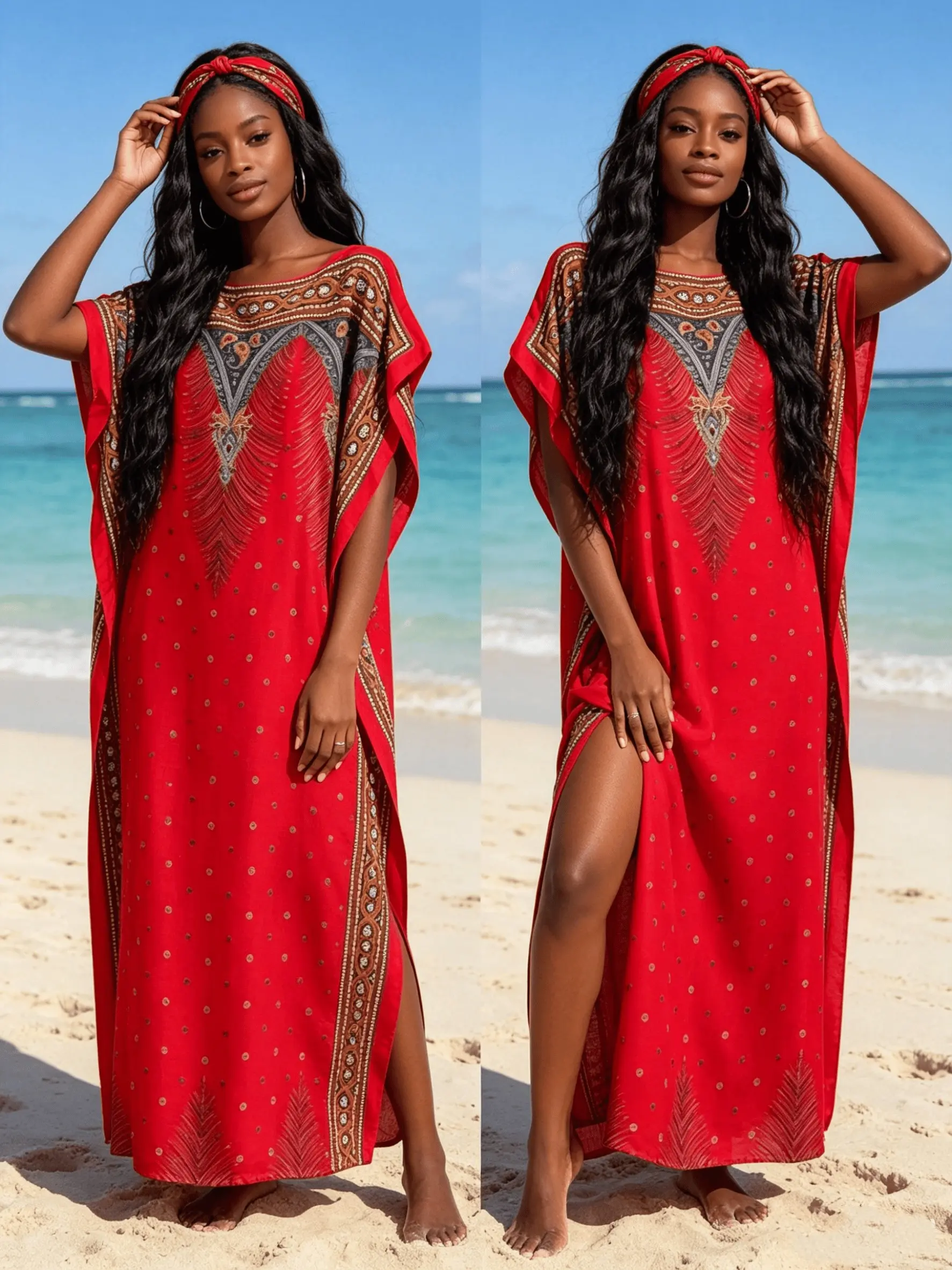 Women's Elegance Heavywork Long Robe Set, Satin Maxi Dress with Stylish Geometric Print Scarf and Matching Headscarf, Boho Belted Style, Printed