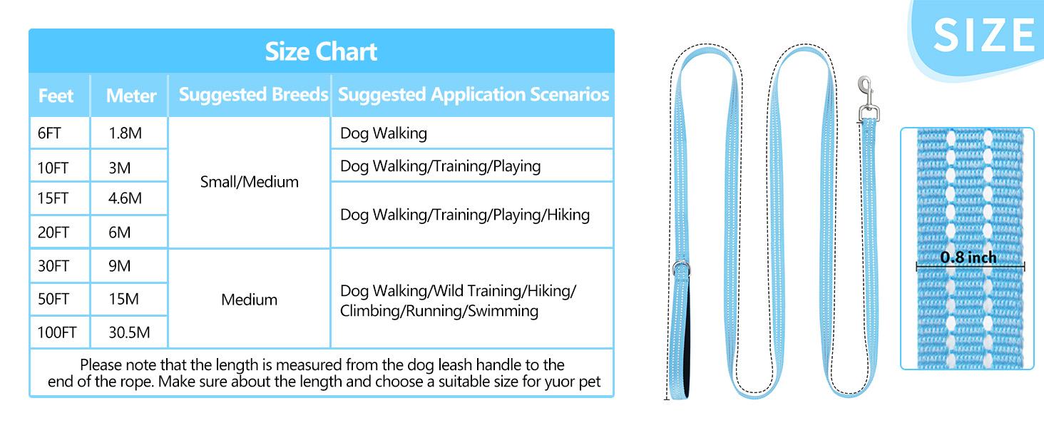 Long Dog Leash XiaZ Training Leashes 10/15/20/30/50/100ft Long Lead for Dogs 30ft Training Leash for Outside Blue 30 Foot Nylon Padded Handle Reflective Hiking Yard