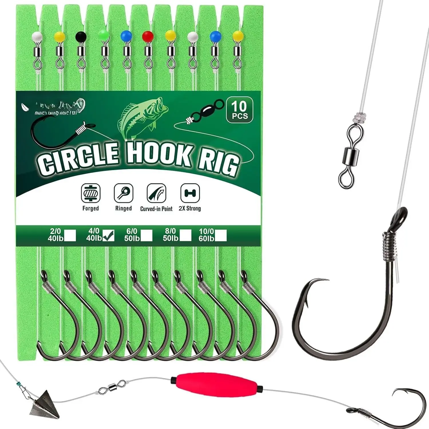 10 count Pre-Rigged Catfish  Circle/Octopus Hooks Rigs for Catfish Offset Circle Fishing Hooks for Saltwater Freshwater 2/0 3/0 4/0 5/0 6/0 7/0 8/0 10/0
