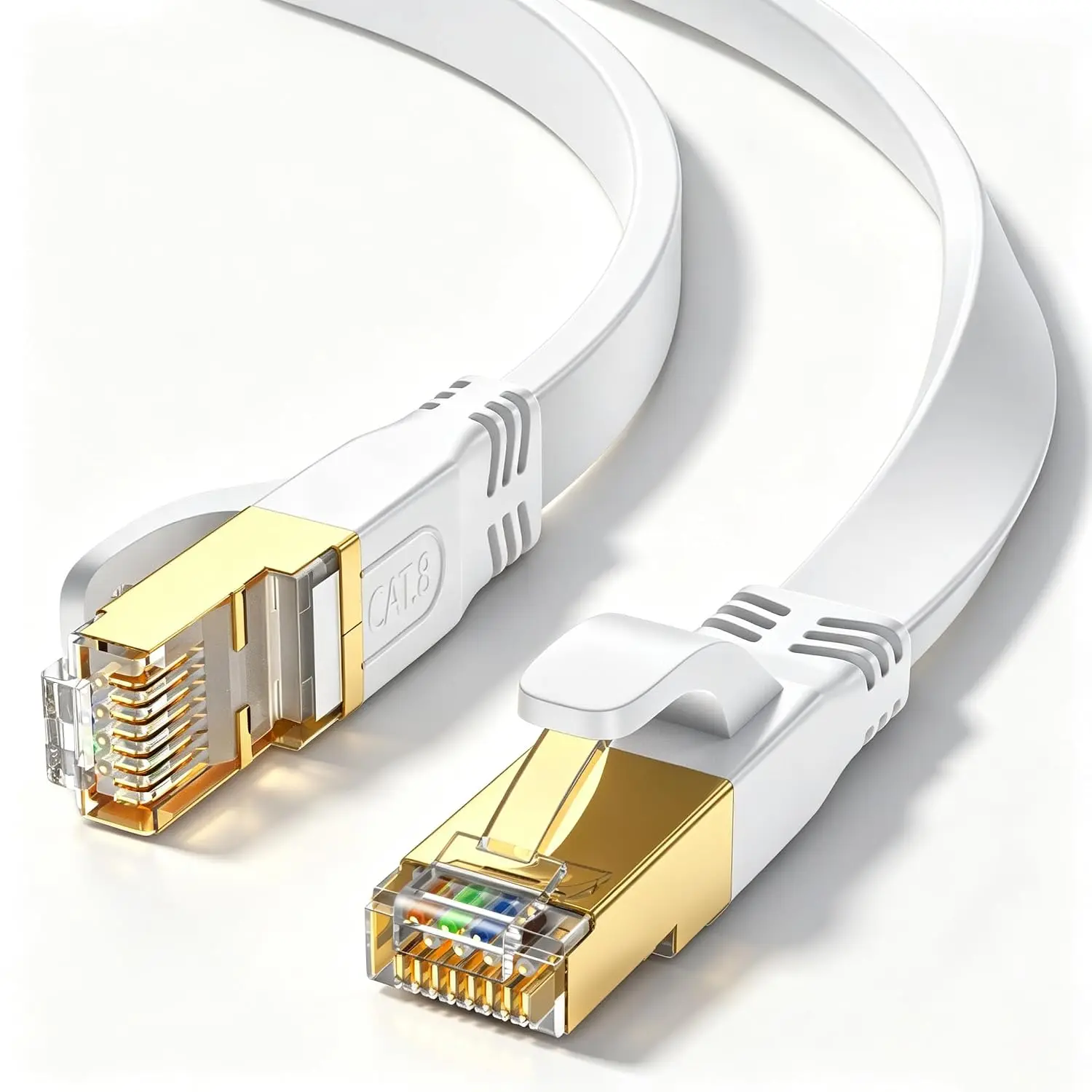 8 Ethernet  3ft,6ft,10ft,15ft,20ft,30ft,40ft,50ft,65ft,75ft,100ft,150ft,200ft White, Outdoor and Indoor Flat S/FTP Patch Cord 40Gbps, 2000MHz High Speed RJ45 Network , White 3ft