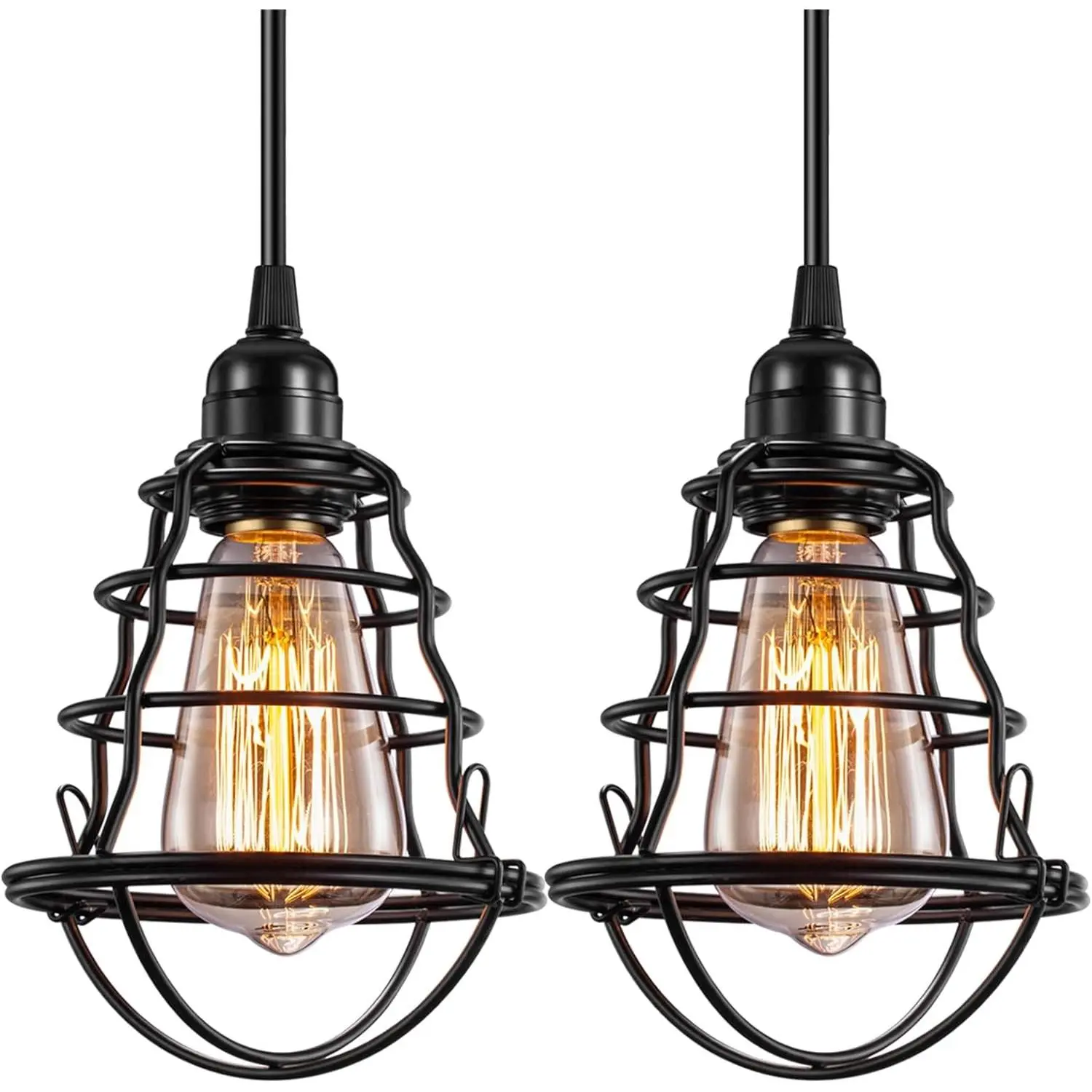 Industrial Pendant Light Edison Hanging Cage Pendant Lights E26 E27 Base Vintage Adjustable Pendant Lamp Fixture for Kitchen Home Lighting 2 Pack