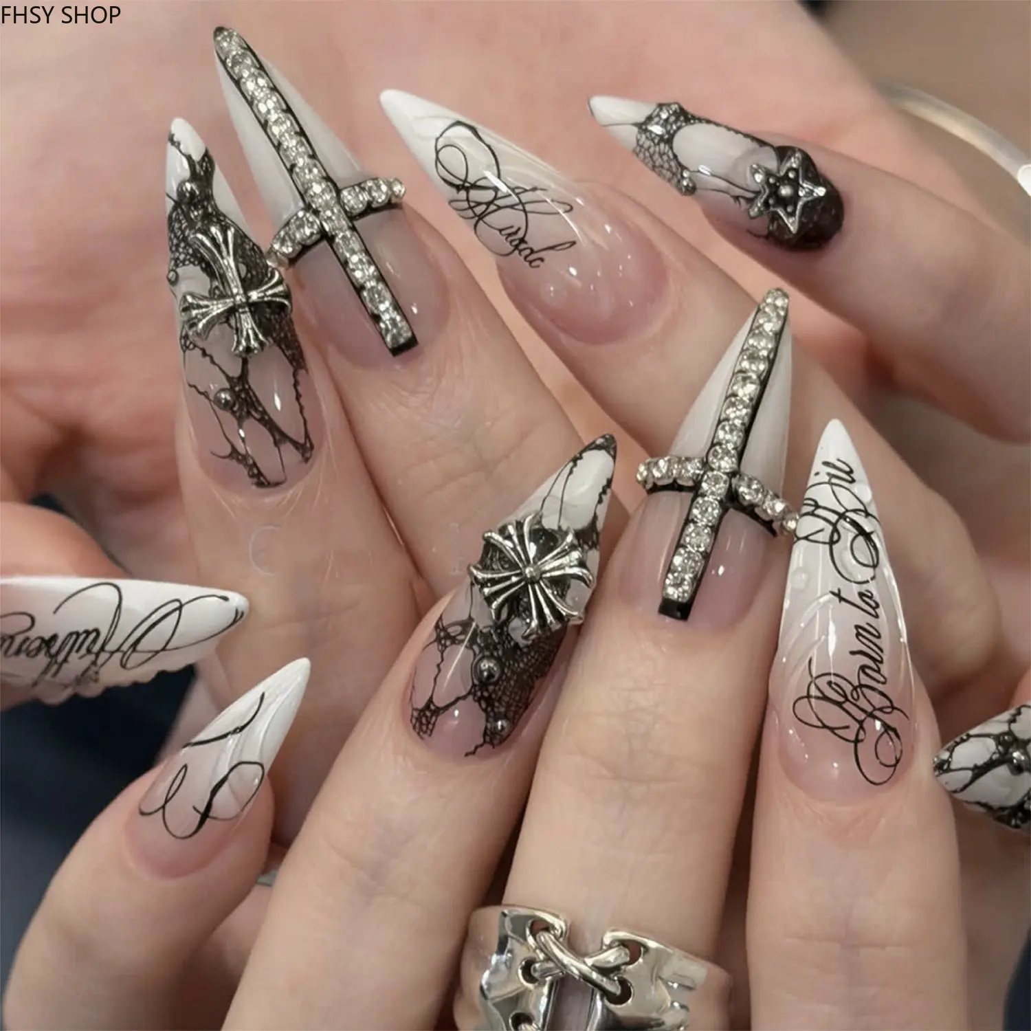 24Pcs Long Stiletto Cross Nails for Women, Dark Gothic Letter & Symbol Press-On Nails, Spiky Coffin Nails with Rhinestone Cross Charms, Viral TikTok Alt Fashion Accessory