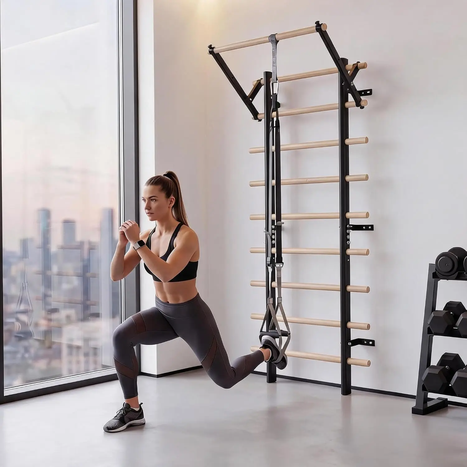 Gaomon Wall Mount Swedish Ladder Home Gym Equipment, Pull Up Bar & Dip Station with 12 Solid Beech Wood Rungs, 440 LBS Capacity Strength Training Gear