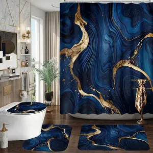 4pcs Deep Blue Gold Marble Agate Swirl Shower Curtain Set with Rugs,The floor mat fabric is thicker and softer!  Luxury Bathroom Decor Kit, Modern Style, Elegant Gift for Home & Dorm