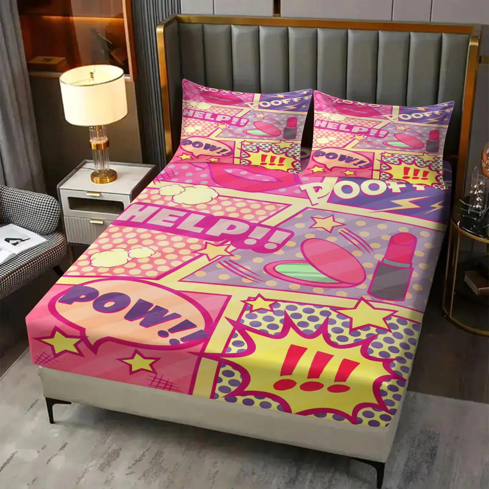 Aesthetic Retro Comic Pop‑Art Design 3 Piece Set, Fitted Sheet Set, Teen Bedding Set, Lightweight Fitted Sheet, Durable Fitted Bed Sheet, High‑Definition Digital Printing, No Filling for Dorm, Studio, Decorative Bedsheet Sets