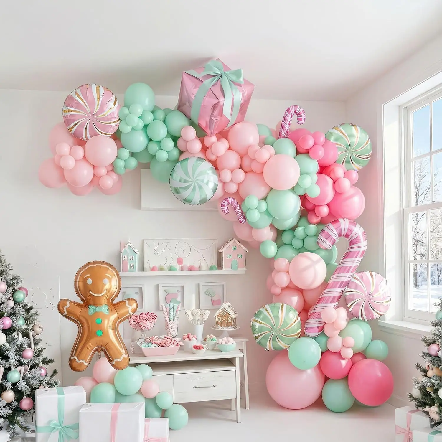 Christmas Balloon Garland Arch kit light magenta green  balloon with Gingerbread Balloon Cane Candy Foil Balloons for Christmas Party Decorations Xmas  Year Birthday Party Supplies
