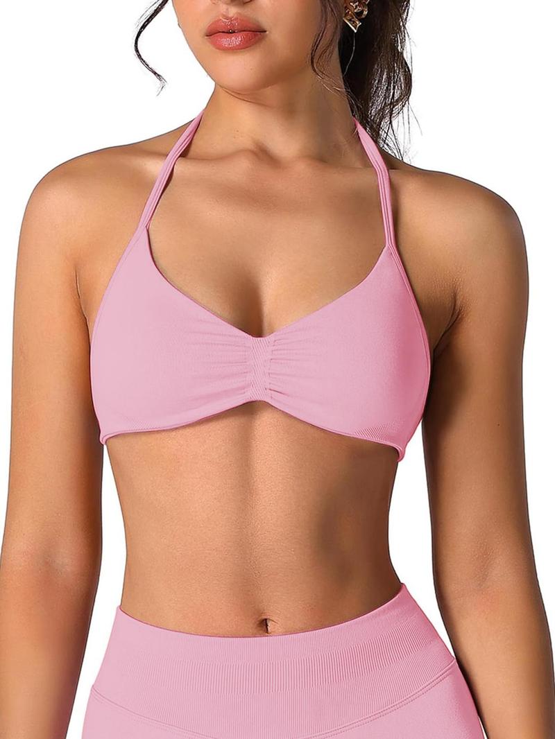Women's Solid Color Strappy Sports Bra, Breathable Comfortable Backless Padded Impact Strappy Bra, Quick Drying Running Fitness Sports Bra