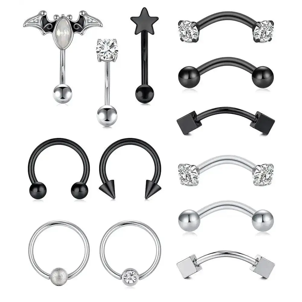 16G Rook Curved Barbell Piercing Jewelry Surgical Steel Rook Earrings Eyebrow Rings for Women Horseshoe Rook Eyebrow Septum Piercing Hoop Silver Black