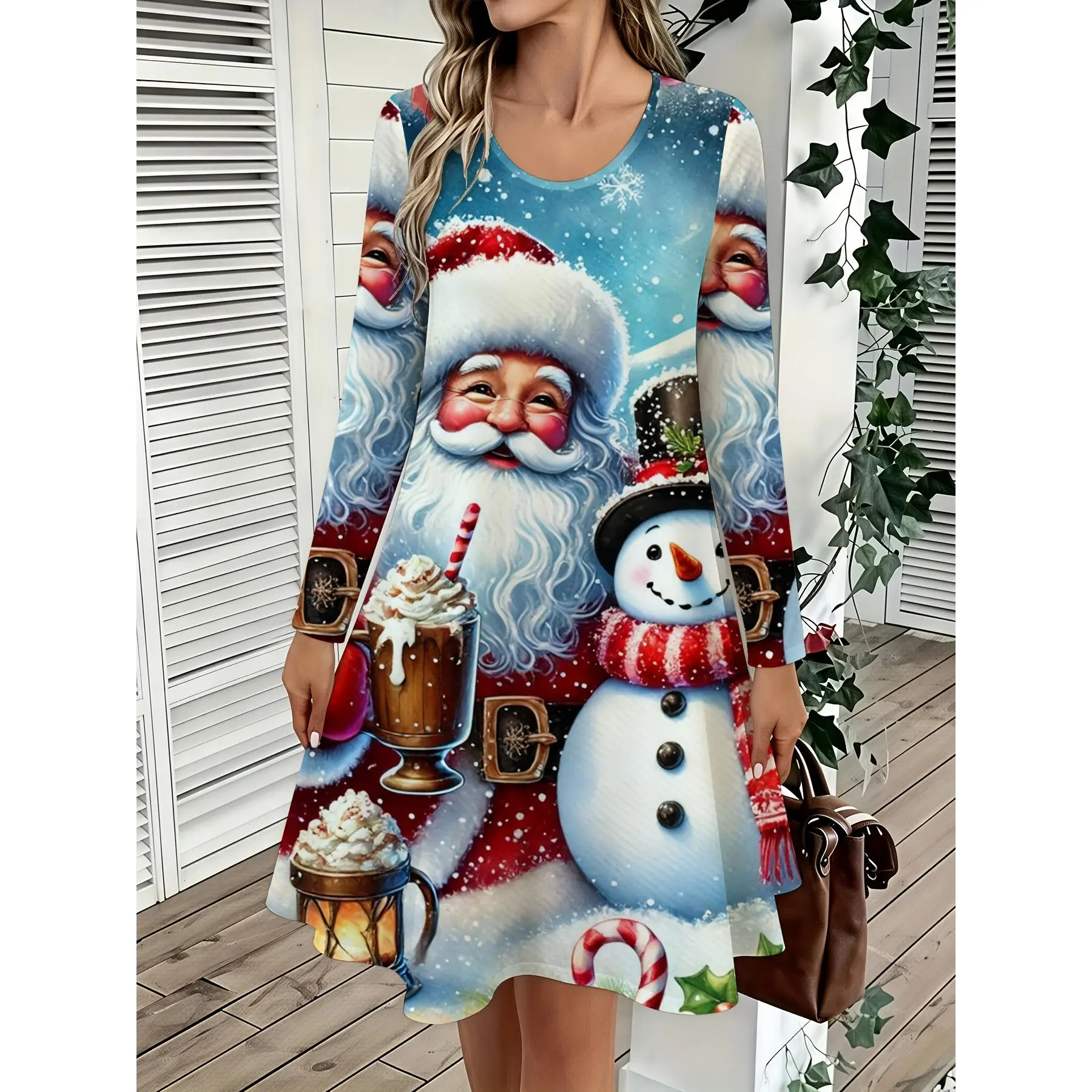blue,birthday,violet,harmon,baby,shower,dresses,Women' Festive Santa & Snowman Print A-Line Dress - Full-Length Suitable for Winter, Breathable Round Neck Long Sve Midi Dress with, Machine Washable for Christmas Parties, Casual Wear & Everyday Outfits
