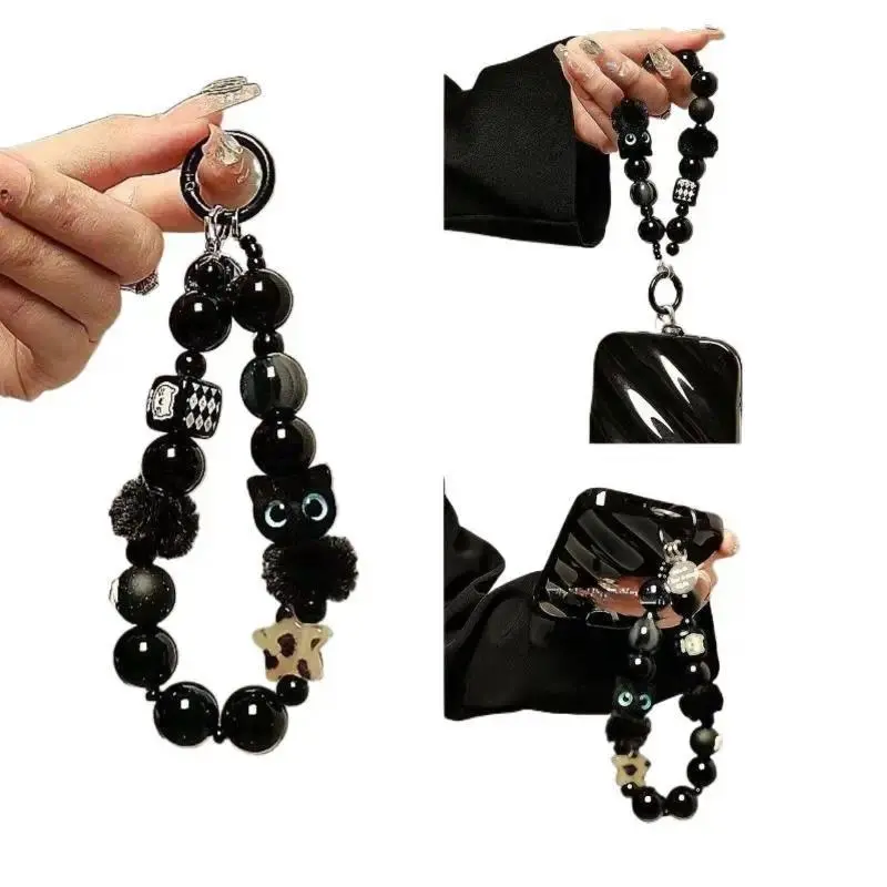 1PCS Luxury Black Fluffy Cat Mobile Phone Strap With Beaded Handle Chain Wrist Anti-Theft Clip Bag Accessory