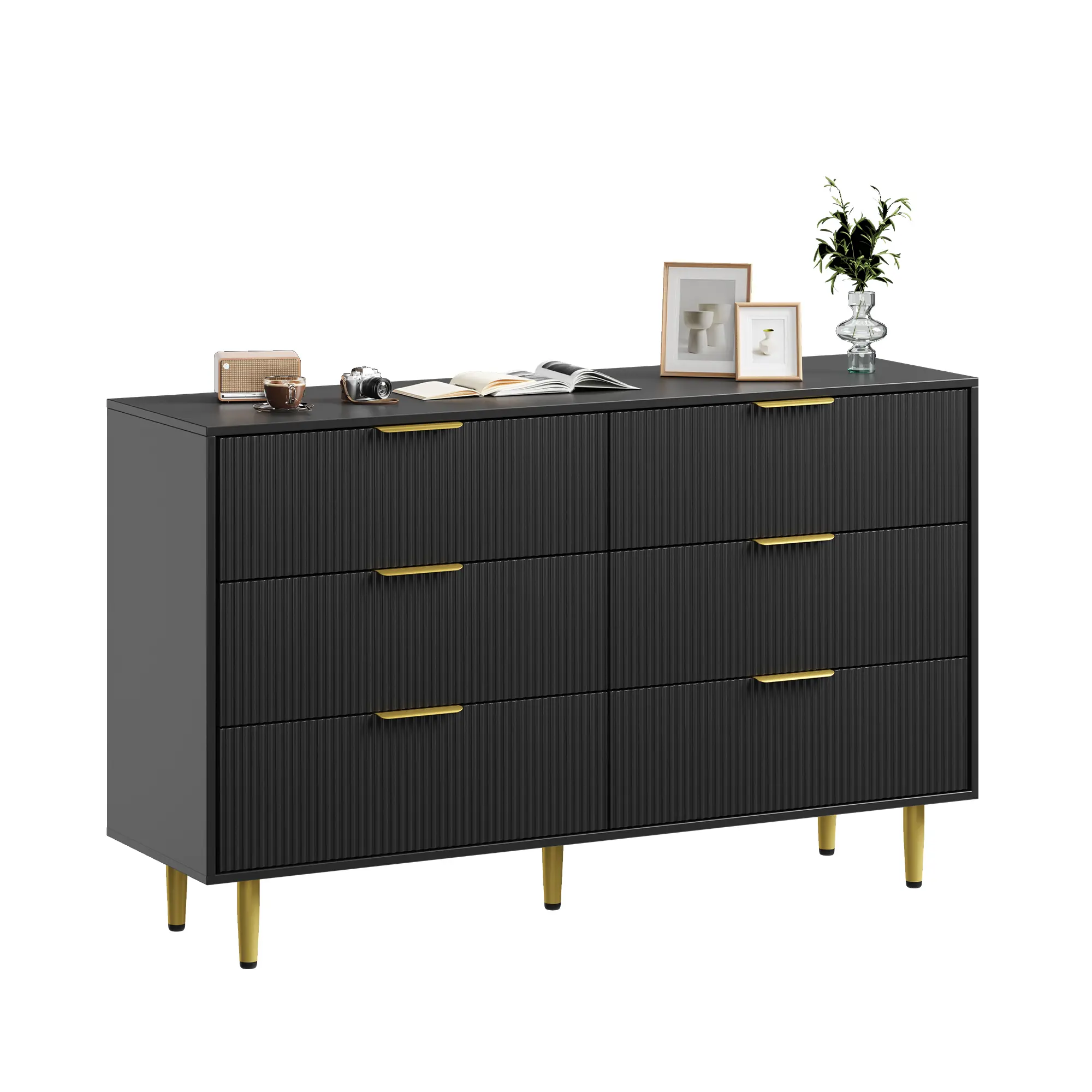56.2x18.1x34.1 Inch 6-Drawer Vertical Fluted Chest, Black, PB and MDF, Metal Legs, Gold Handles