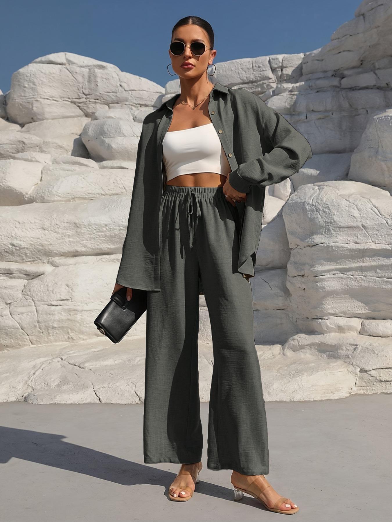 Women's Solid Button Front Shirt & Tie Front Wide Leg Pants Two-piece Set, Casual Drop Shoulder Long Sleeve Top & High Waist Trousers 2 Piece Set for Spring & Fall, Women's Clothes for Daily Wear, Linen Set, Womenswear