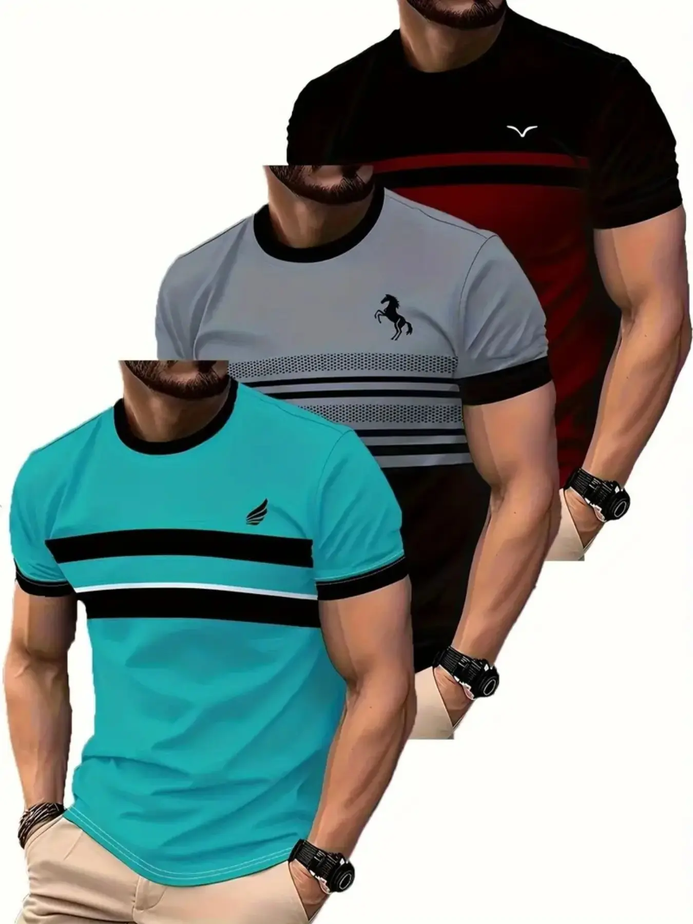 3-Pack Men's Colorblock Striped Round Neck Short Sleeve Aesthetic Streetwear T-Shirts, Embroidered Logo, Casual Business Wear, Versatile T-Shirt Set
