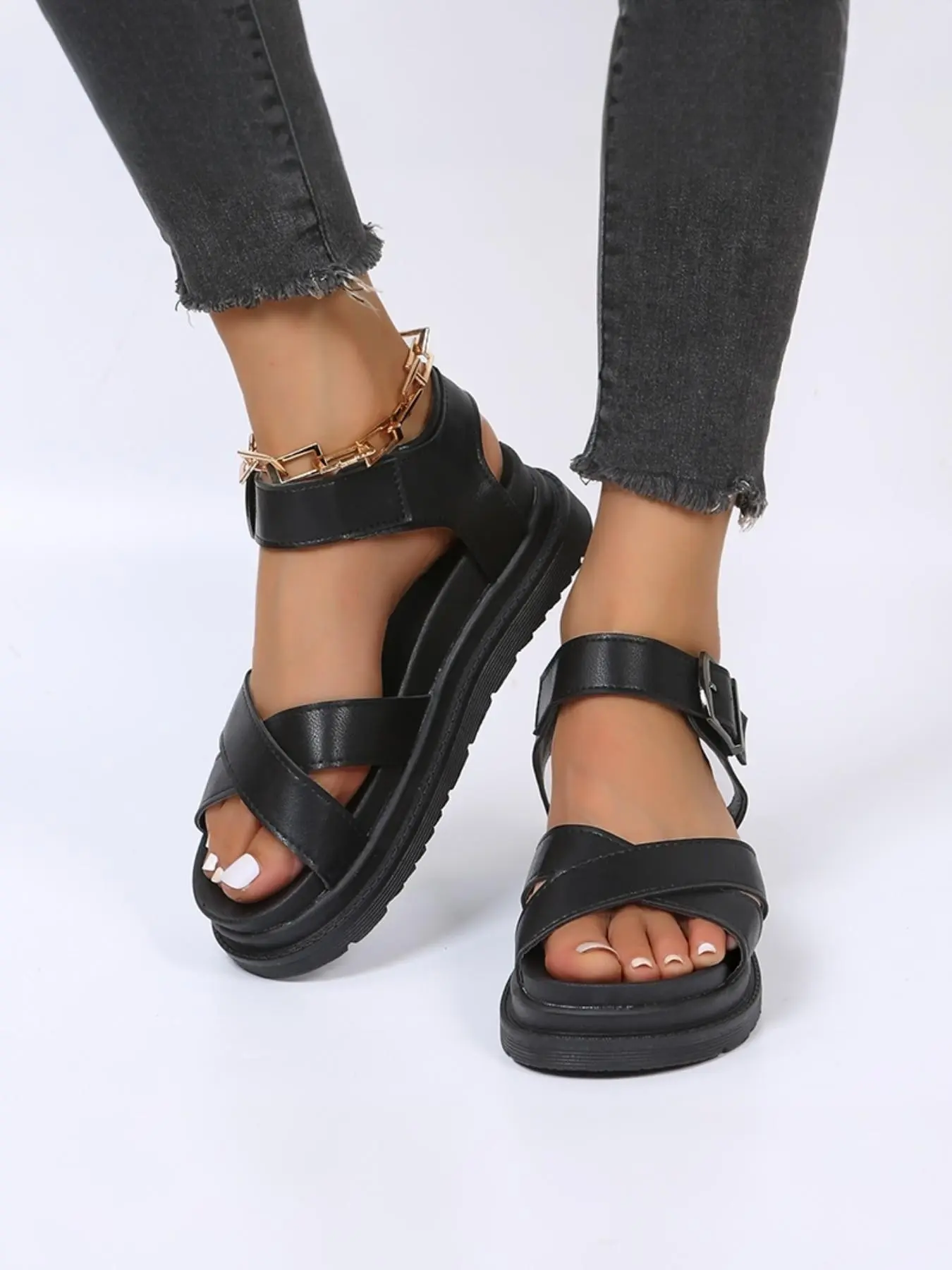 Women's Cross Strap Thick Sole Sandals, Summer Casual PU Leather Roman Sandals, Comfortable Rubber Sole, Perfect for Students