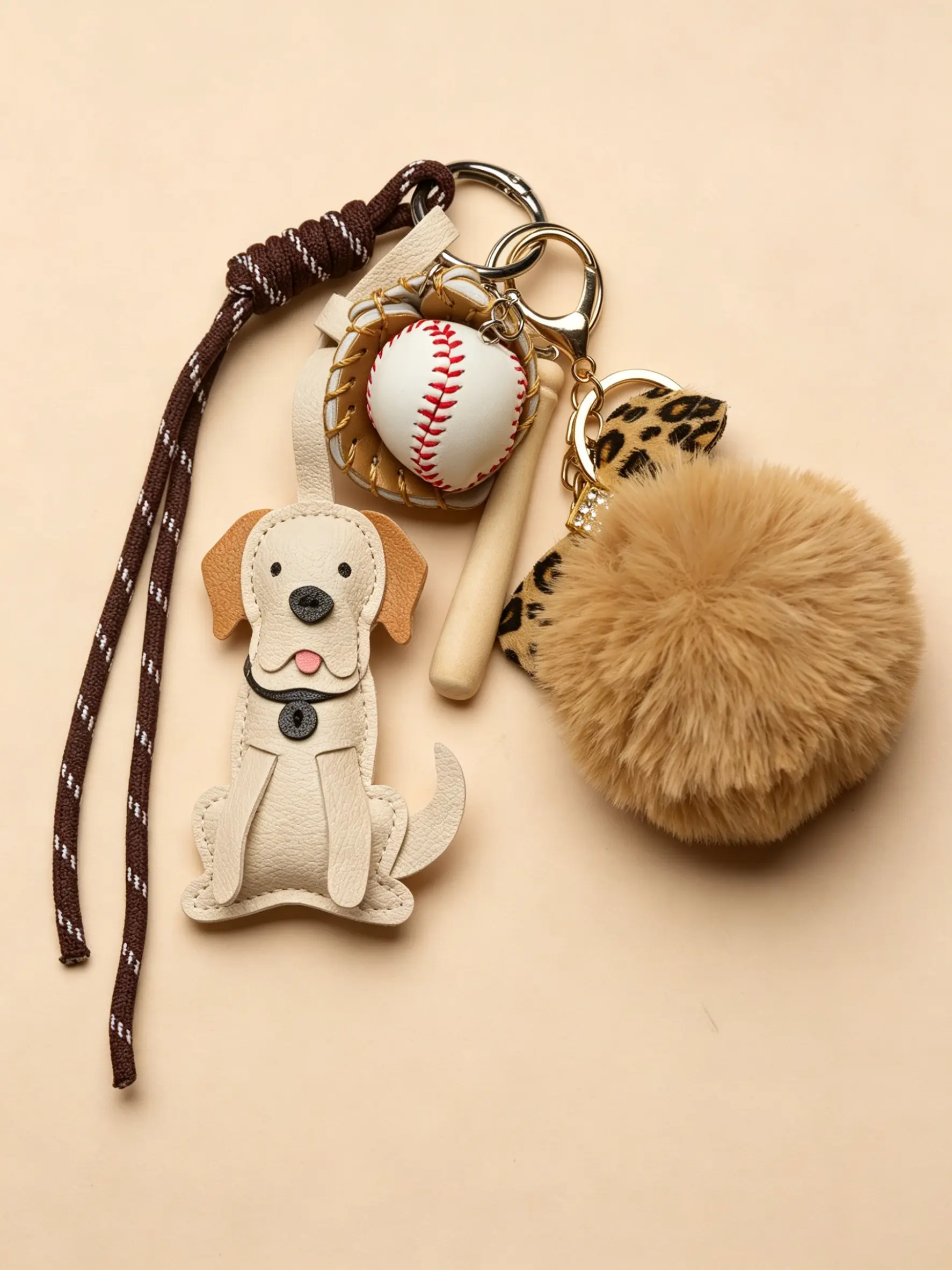 Bag Charm Puppy Pom-Pom Keychain Available In Two Colors Baseball-Themed Braided Cord Charm Set Complex Design Maillard Retro Style Casual-Cool Style For Bags And Keys Commuting Women, Students, And Vintage Accessory Enthusiasts Cool Keychains