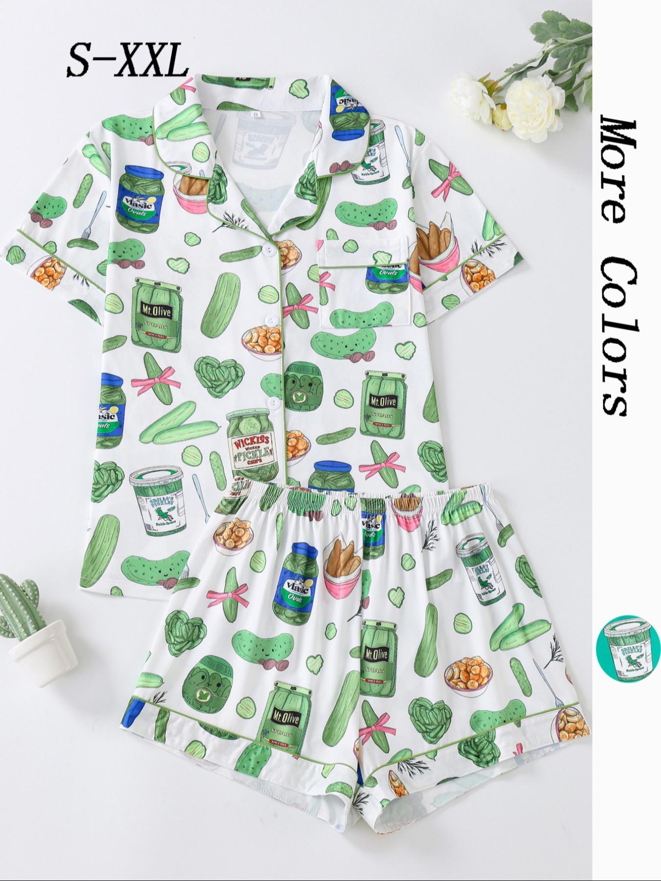 2-Piece Vegetable Print Women's Pajama Set, Button-Up Short Sleeve Top and Comfortable Shorts, Elegant Sleepwear for All Seasons