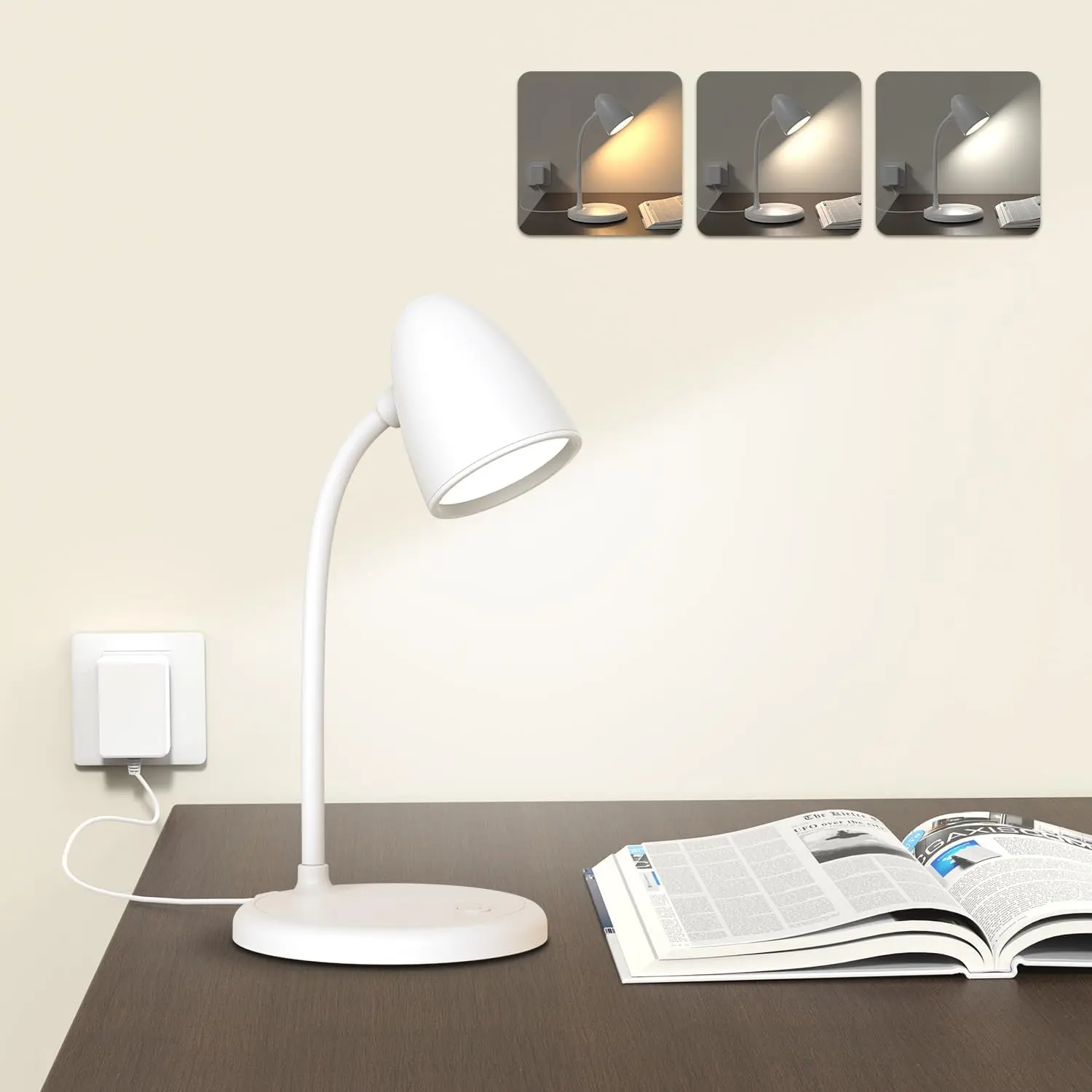 LED Desk Lamp for Home Office,3 Light Colors,Table Lamp,Dimmable Reading Light for Bedside Small Desk Lamp for College Dorm Room,Bedroom Desk Light,White