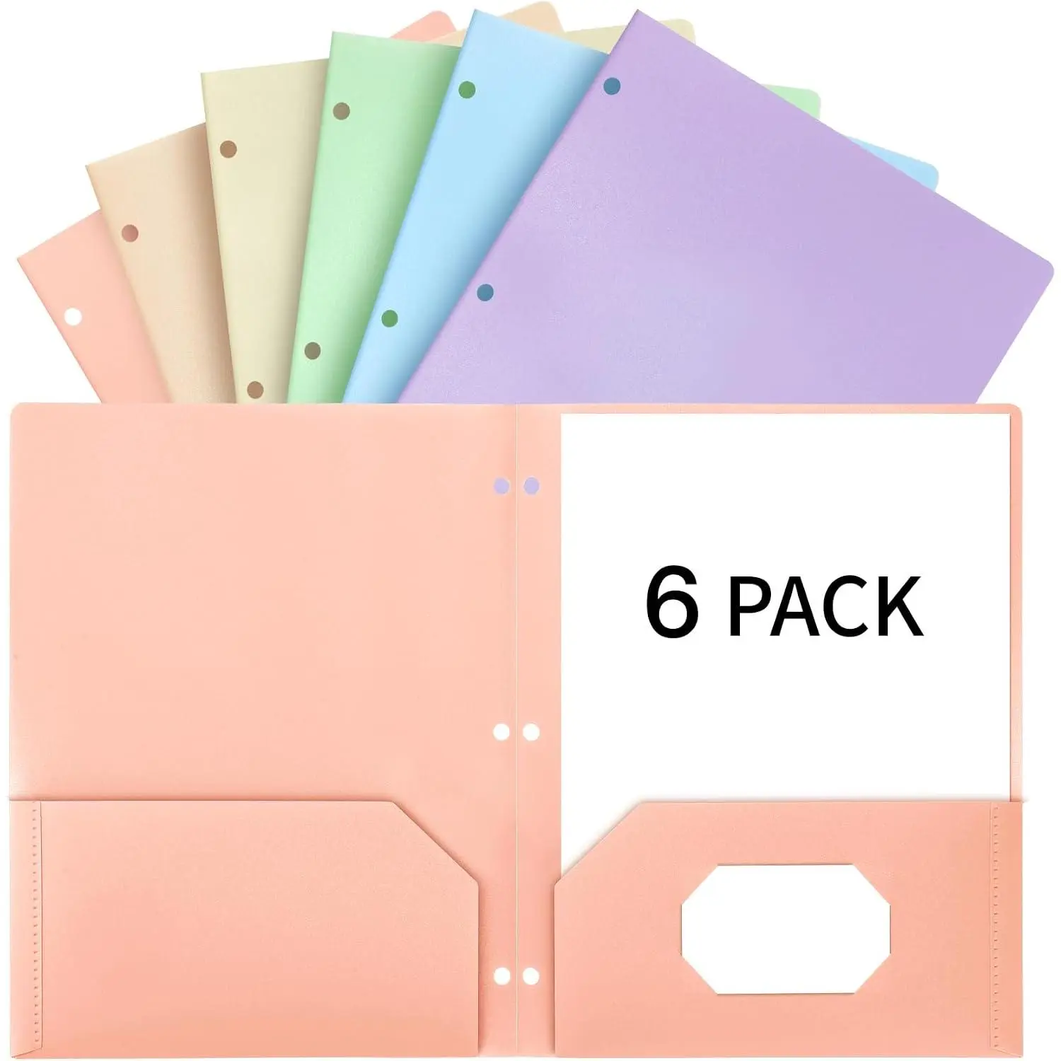3 Hole Pocket Folders, 6 Pack Folder with Pockets, Pastels Colors Heavy Duty File Folders with Card Slot for 3 Ring Binder, 2 Pocket Plastic Folder for School Business Office Documents Filing Supplies