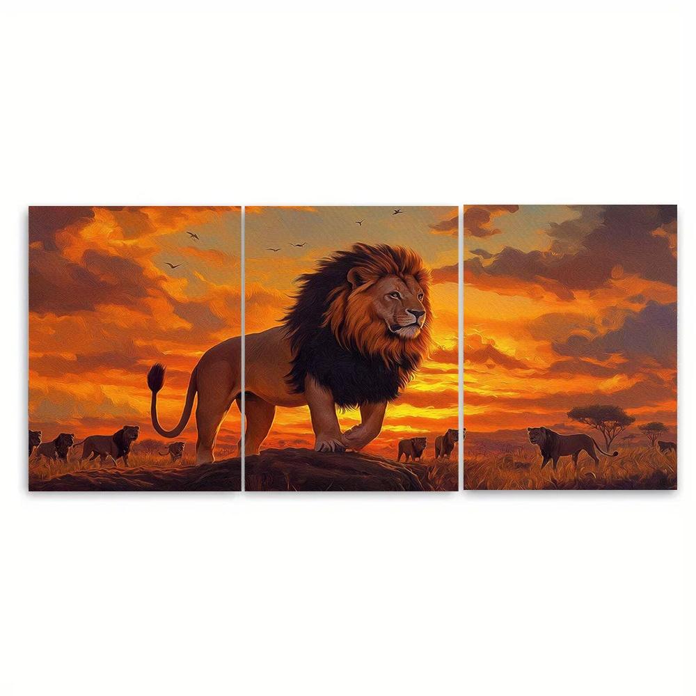 3pcs Lion Wall Art with Frame - Traditional Lion Dance Panels, Majestic Lion & Mane, Polyester Fiber Canvas Suitable for Living Room, Bedroom, Office Decor - Cultural Animal-Themed Hanging Art, 2D Flat, Perfect for Room Decor